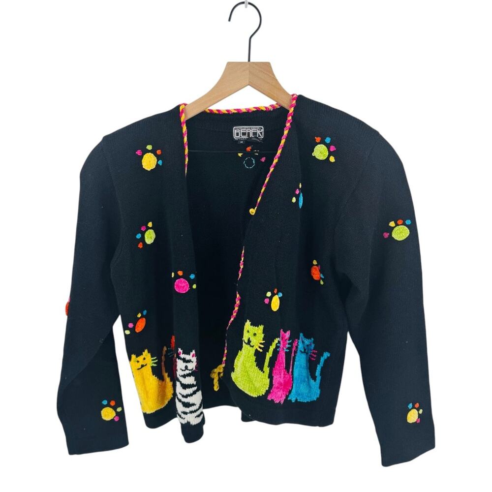 Vintage Berek 2 Colorful Cat Embroidered Cardigan Open Front Knit Sweater Size M
